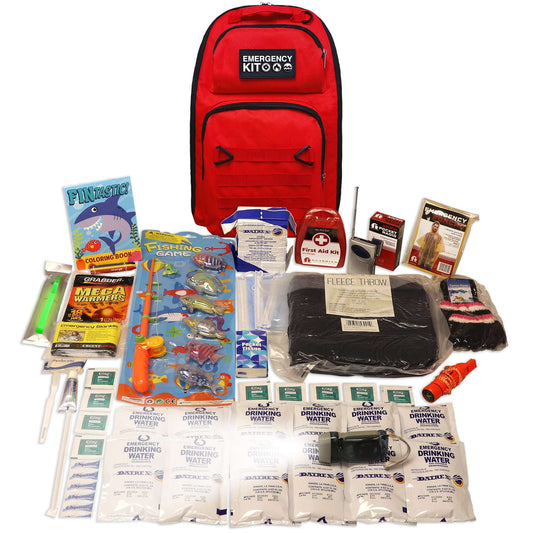 Red children’s emergency kit backpack open with supplies and printed items