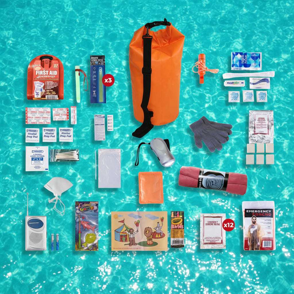 Orange dry bag emergency survival kit laid out with first aid, water, and hygiene items