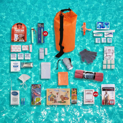 Orange dry bag emergency survival kit laid out with first aid, water, and hygiene items