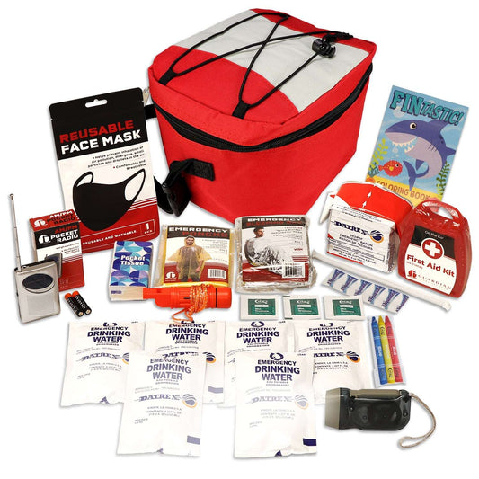 Children's emergency survival kit bag, red with gray panels, with mask, water packets, and first-aid
