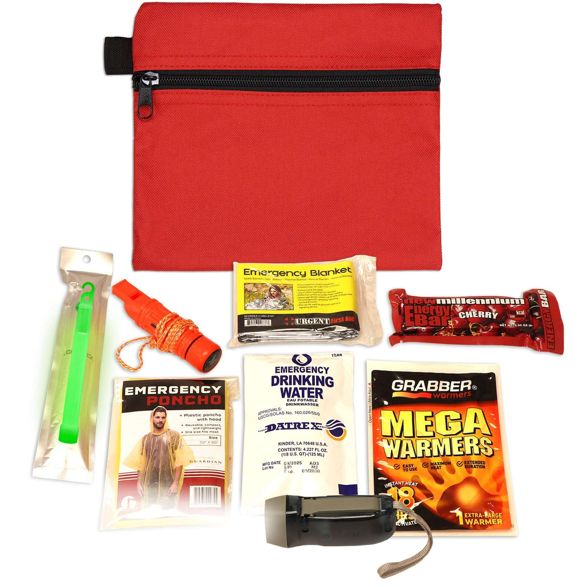 Red mini emergency kit pouch with zip, emergency blanket, water, poncho, warmers