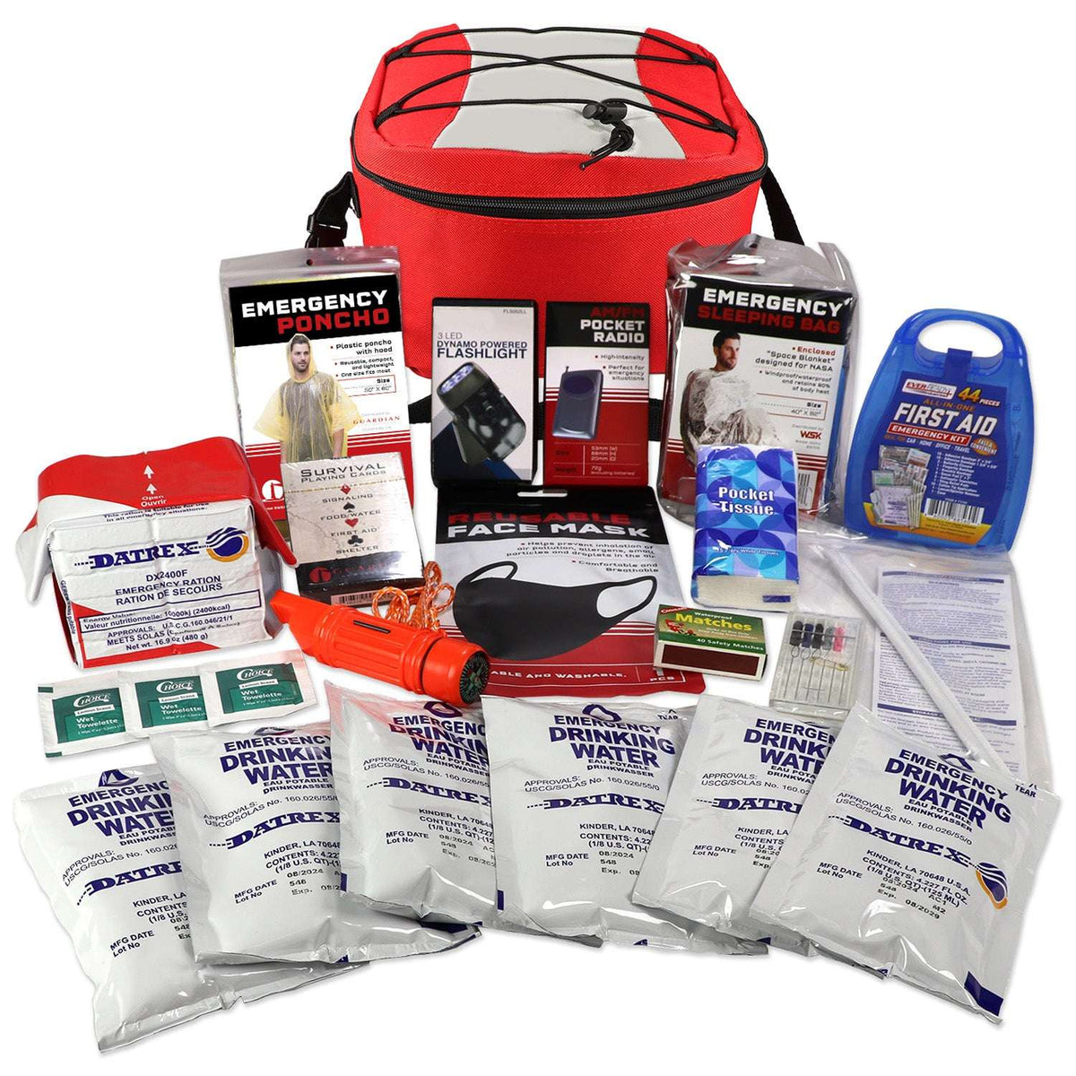 Red zip-top survival kit bag with emergency supplies, face masks, water packs, and first aid
