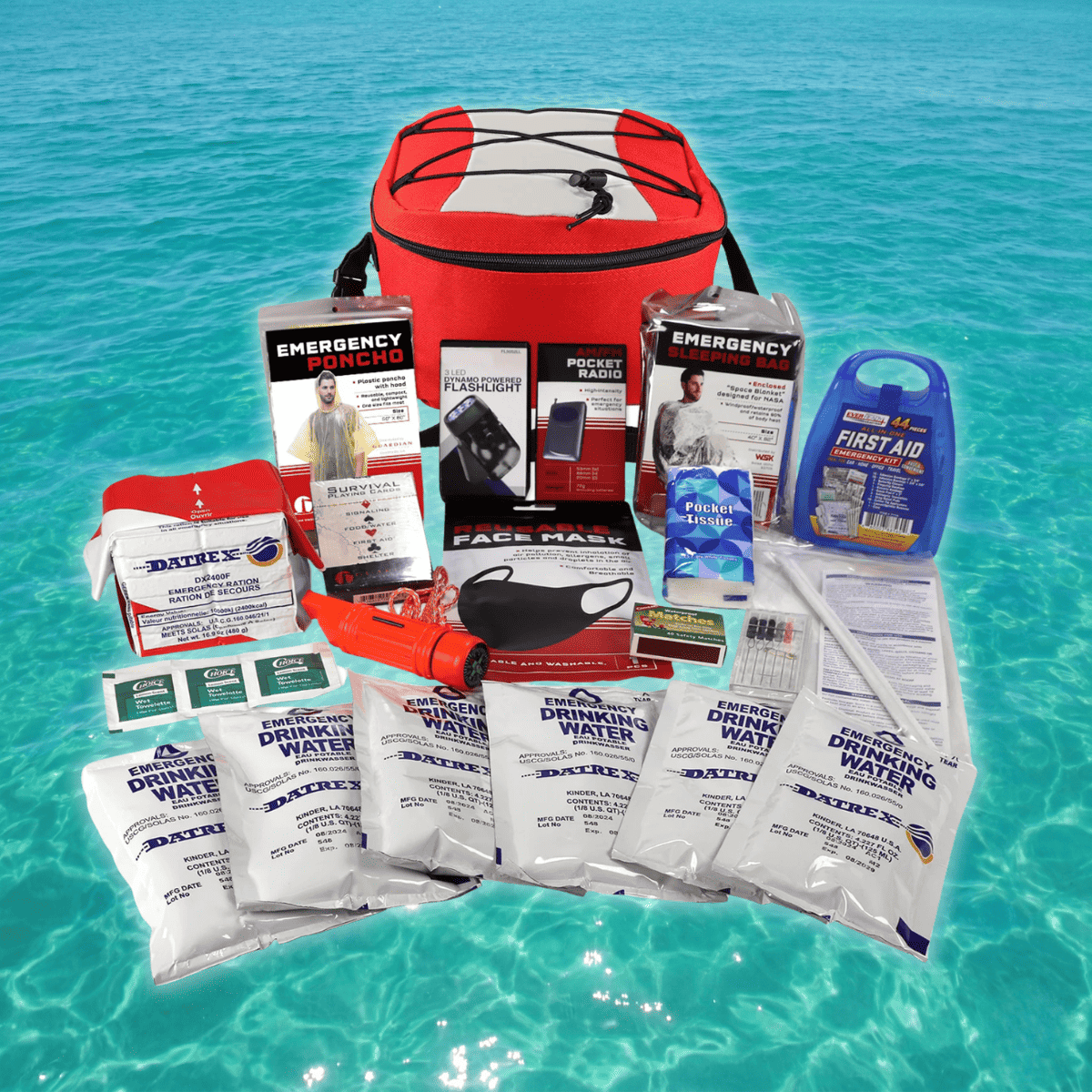 Red emergency go-bag survival kit with medical, water pouches, and gear