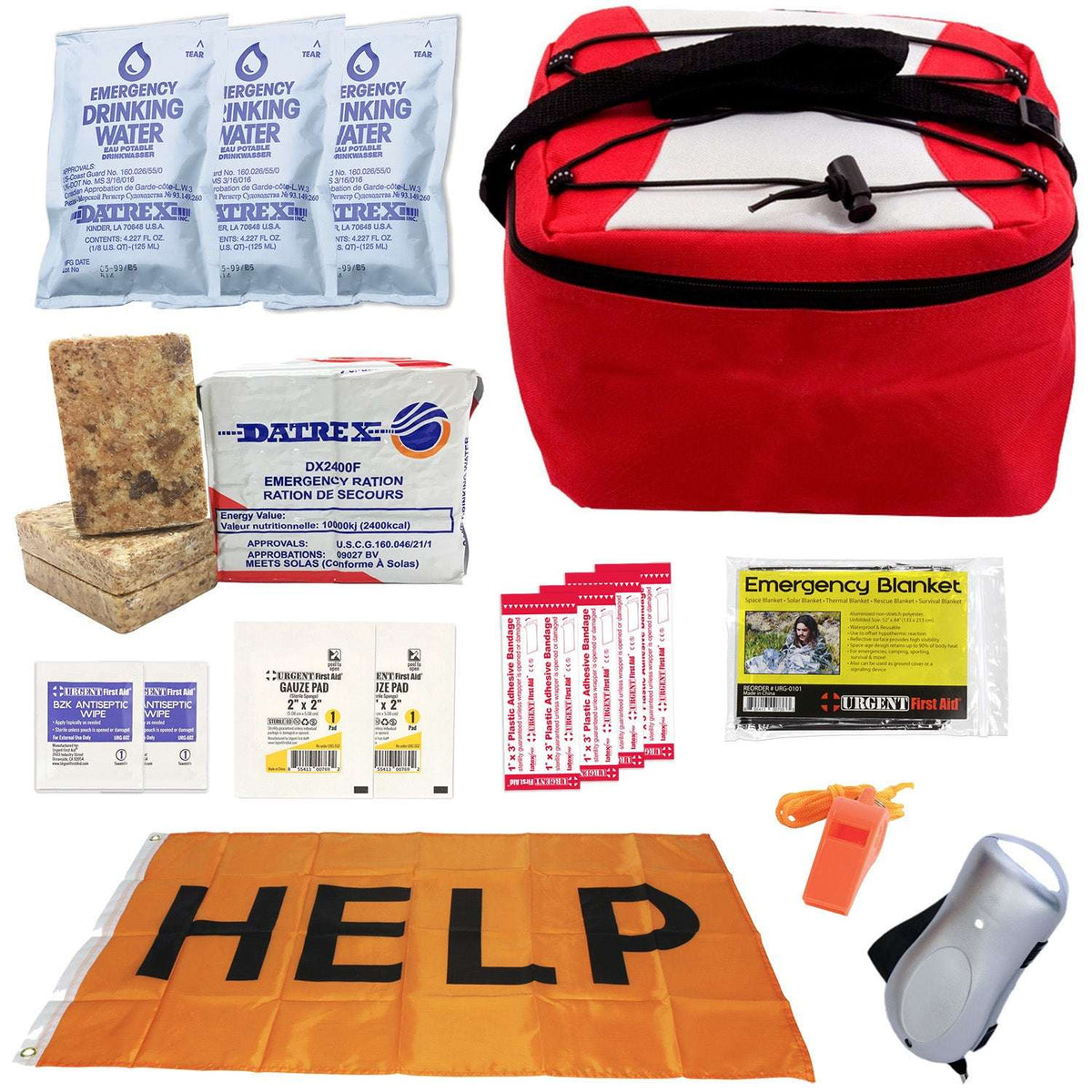 Red emergency kit bag with water sachets, emergency blanket, and orange HELP blanket