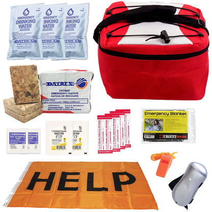Red emergency kit bag with water sachets, emergency blanket, and orange HELP blanket