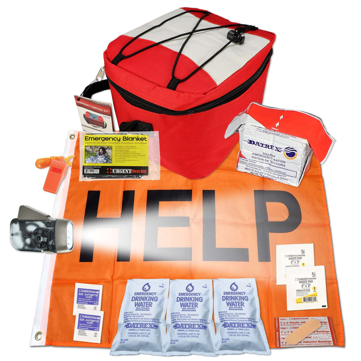 Red and black emergency commuter kit bag with supplies and orange HELP blanket