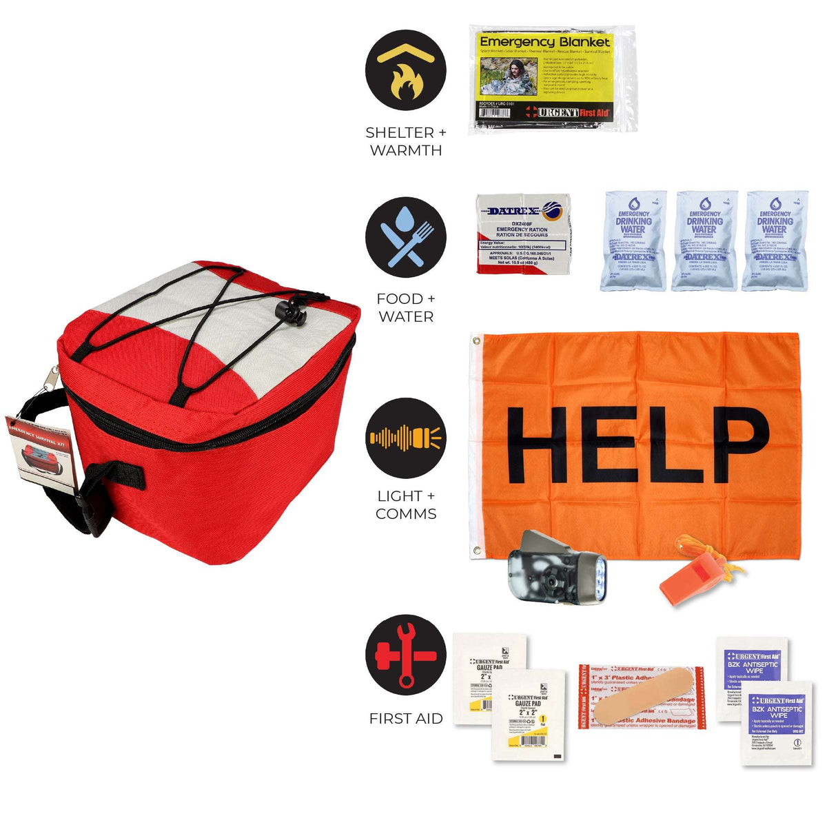 Red emergency kit bag laid out with supplies, orange HELP blanket, and first aid items