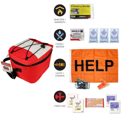 Red emergency kit bag laid out with supplies, orange HELP blanket, and first aid items