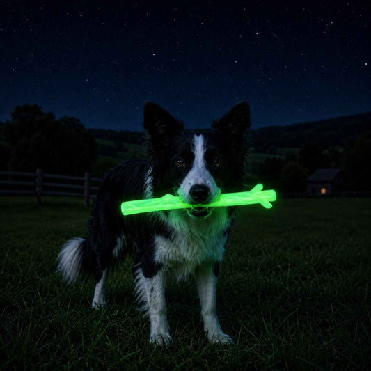Glow-in-the-dark nylon chew stick held by a dog