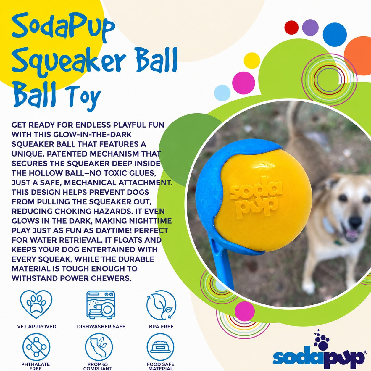 SodaPup Squeak Ball | Durable Squeaky Dog Toy | Floats | USA Made - Niksstuff