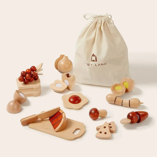 Tiny Land wooden play food set with storage bag: wooden fruits, bread, and eggs