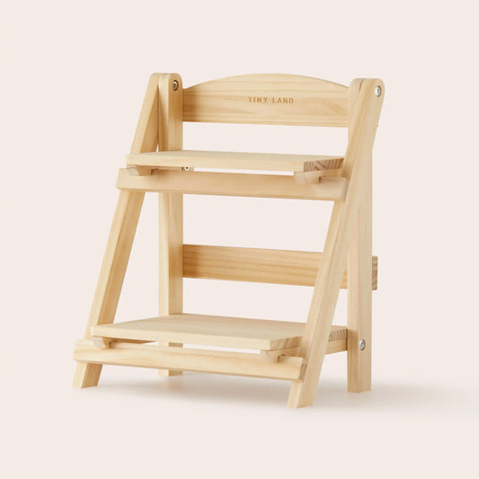 Light wood 2-tier play food storage rack with open shelves and sturdy wooden frame
