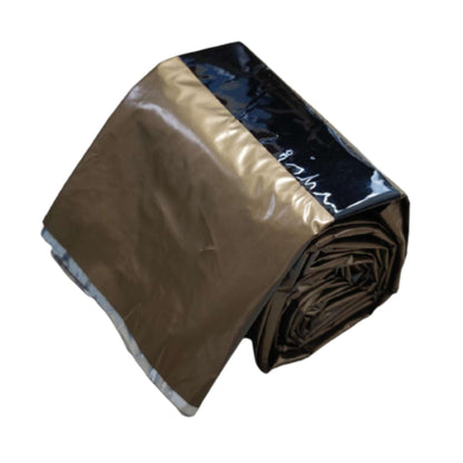 Emergency bivvy sleeping bag, compact roll with tan outer and dark blue underside