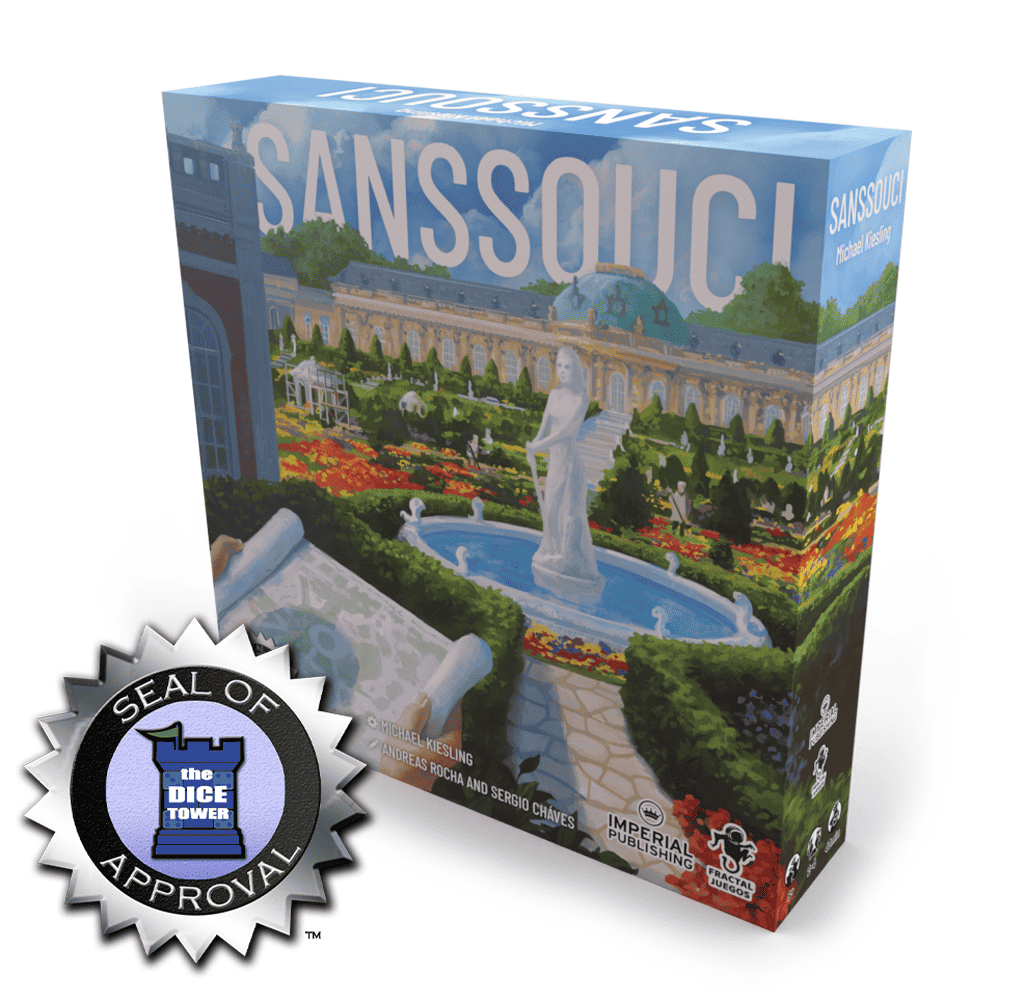 Sanssouci board game box with approval seal, Imperial Publishing 2023 edition