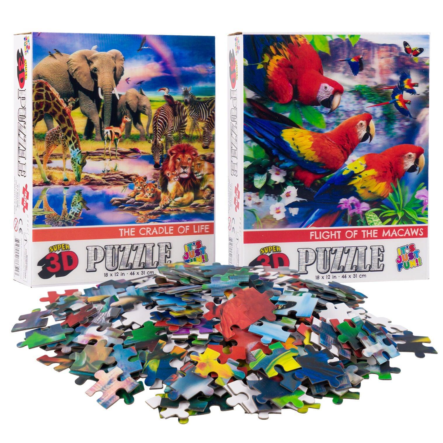 Savanna Animals & Macaws 3D Lenticular Jigsaw Puzzle Set | 2 x 300 Pieces | 18"x12" | Ages 6+ - Niksstuff