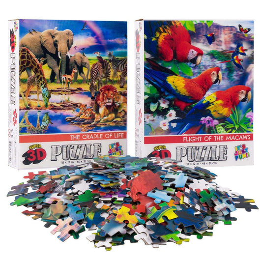 3D lenticular jigsaw puzzle set with animal and macaw scenes; includes puzzle pieces.