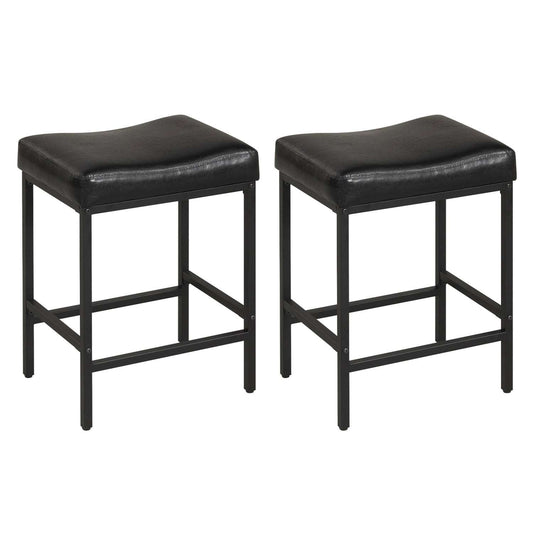 Set of 2 counter-height bar stools with black faux leather seats and footrests