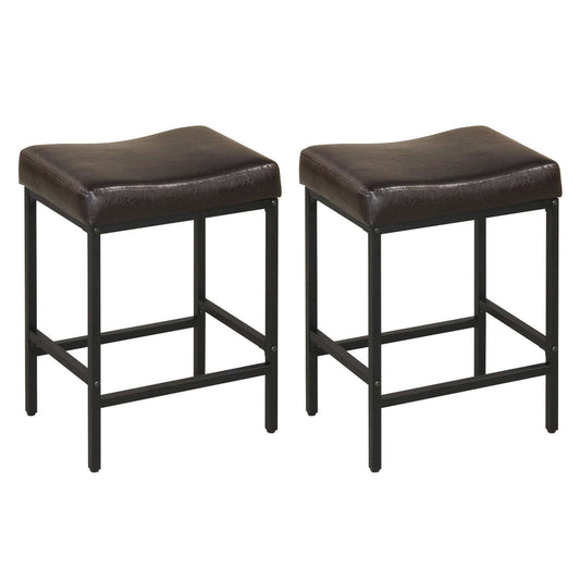 Set of 2 counter-height bar stools with dark brown faux leather seats and footrests