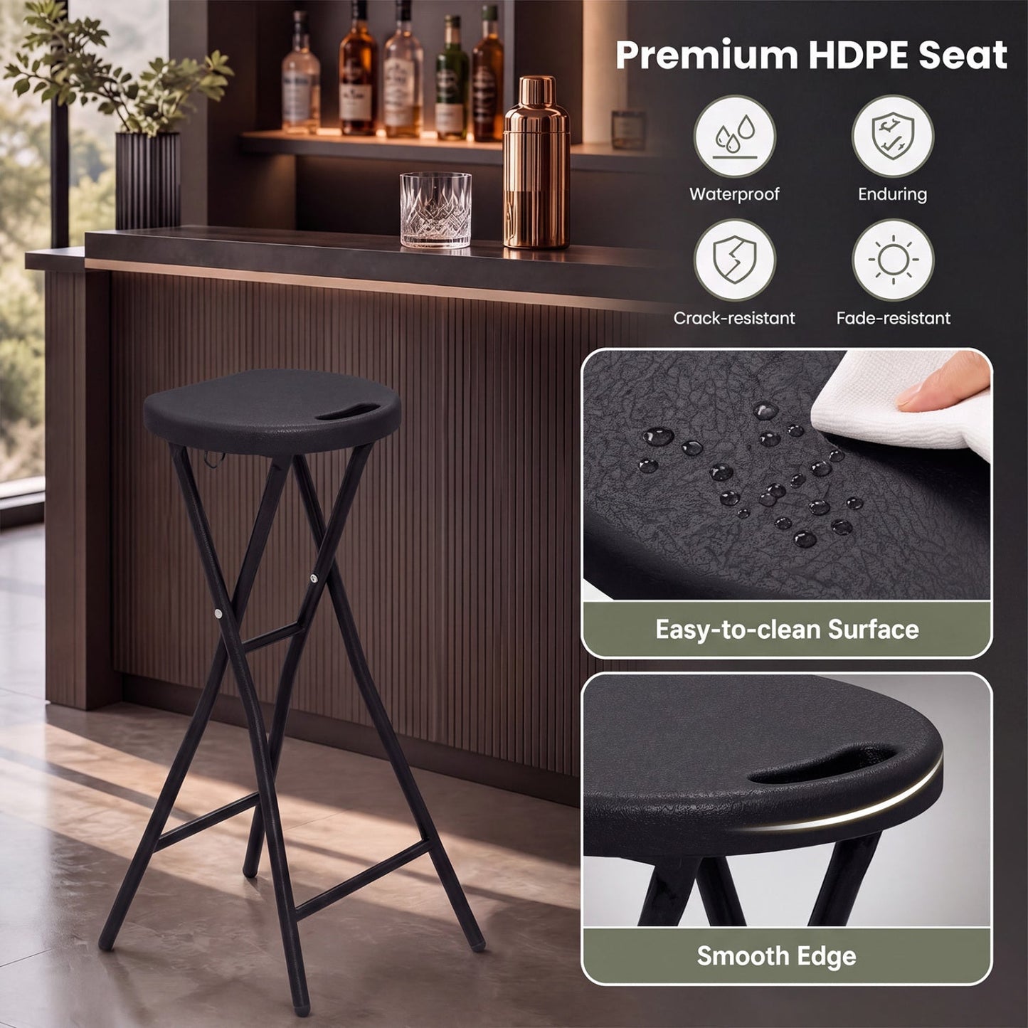 Folding Bar Stool Set of 2 | 27.5" Counter Height | 330 lb Capacity | Black