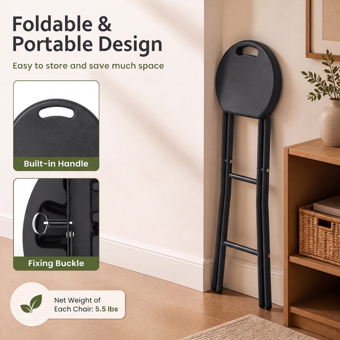 Folding Bar Stool Set of 2 | 27.5" Counter Height | 330 lb Capacity | Black