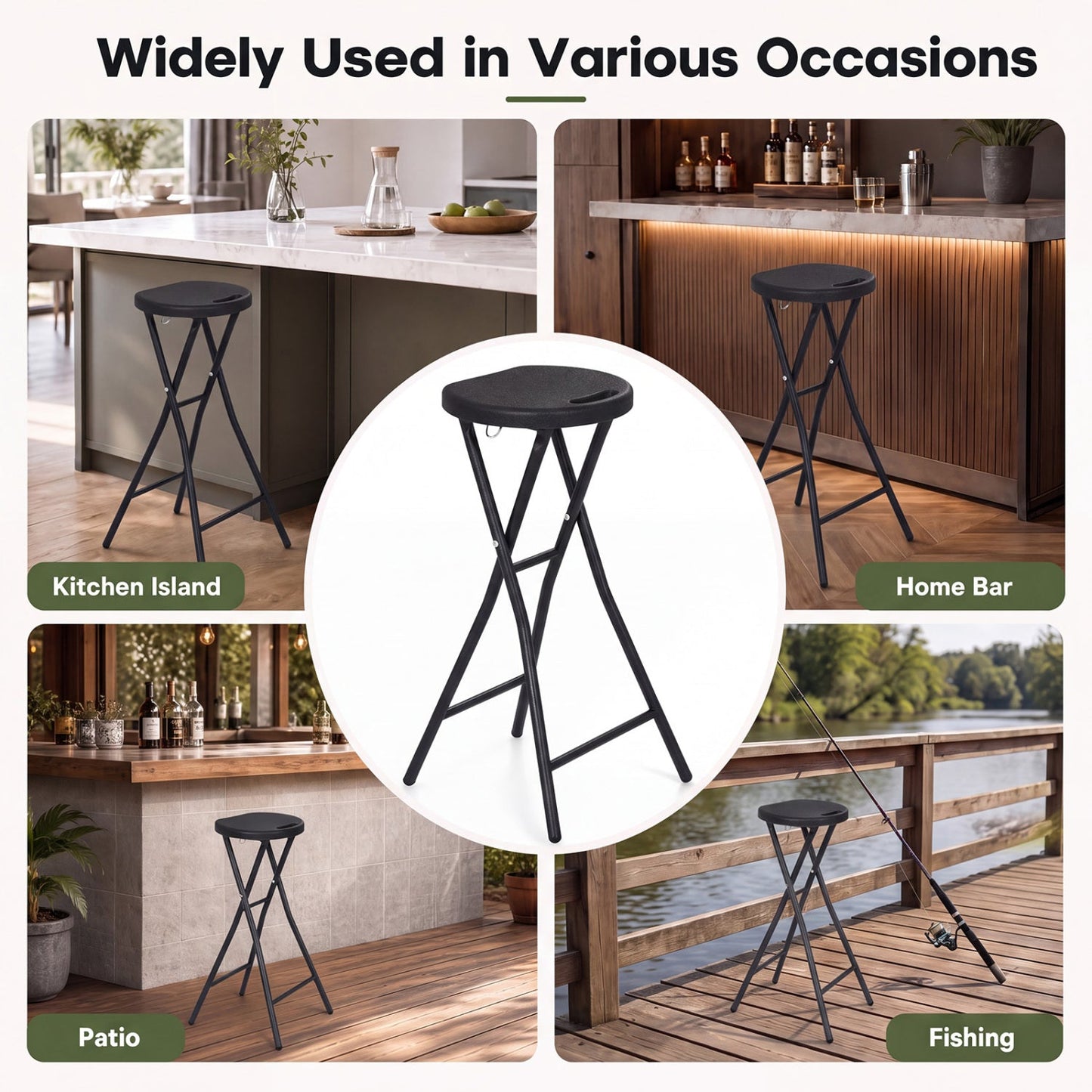 Folding Bar Stool Set of 2 | 27.5" Counter Height | 330 lb Capacity | Black
