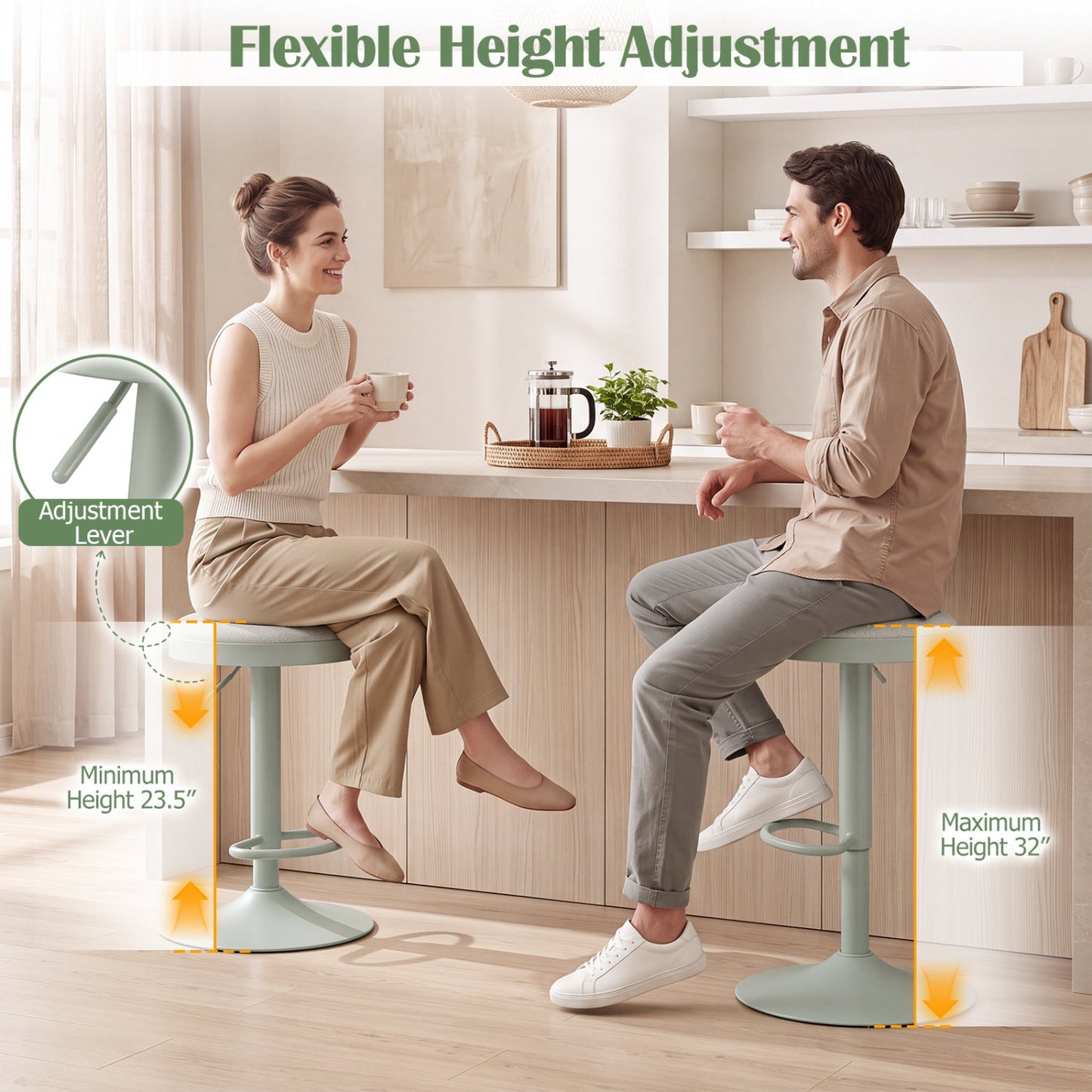 Adjustable Swivel Bar Stools | Set of 2 | 360° Swivel | 23.5–32" Height | 330 lb Each | 4 Colors