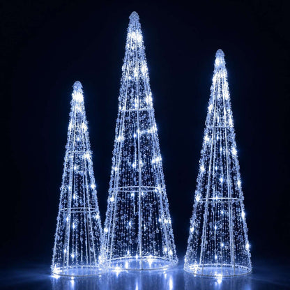Set of three cone-shaped Christmas trees with cold white LED lights