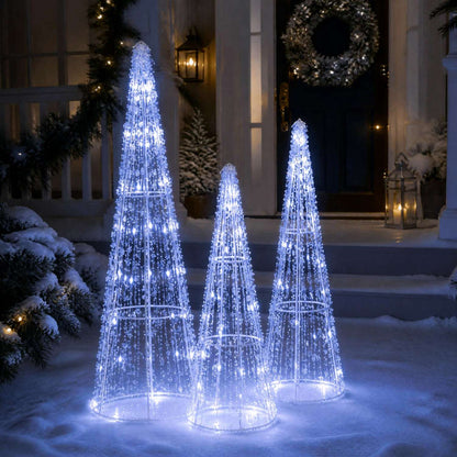 Three illuminated cone Christmas trees in graduated sizes with cold white LEDs