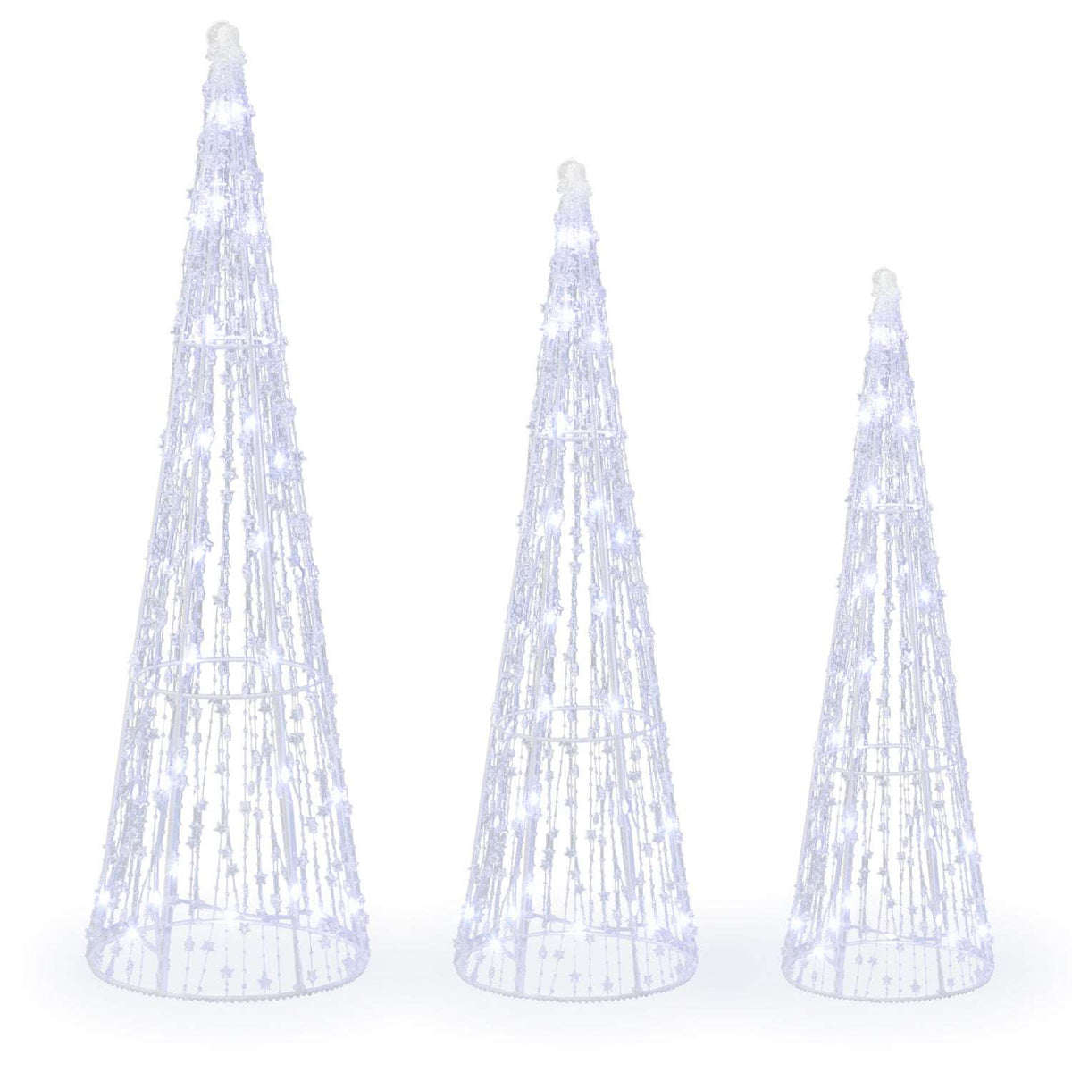 Three cone-shaped Christmas trees with dense cold white LED lights