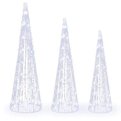 Three cone-shaped Christmas trees with dense cold white LED lights