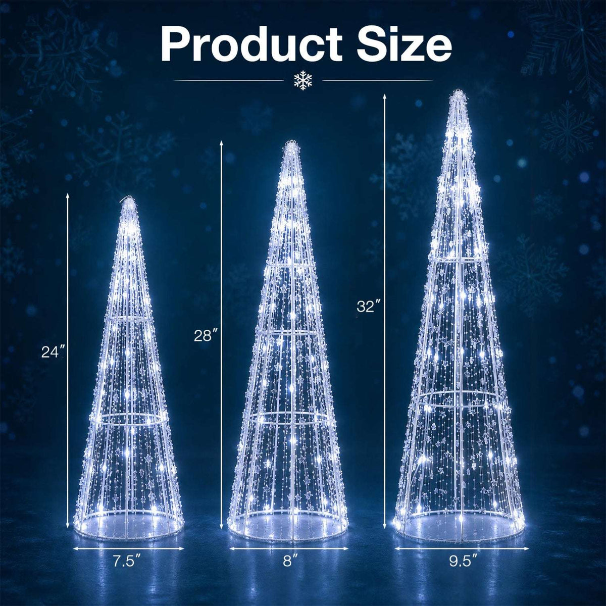 Three LED cone trees with heights of 24, 28, and 32 inches