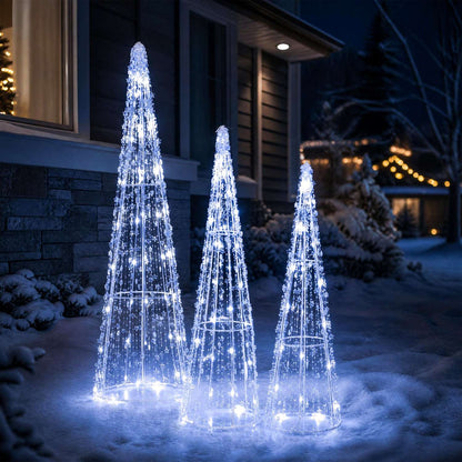 Set of three cold white LED cone trees for outdoor display