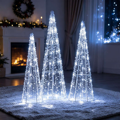 Three cold white LED cone trees arranged for indoor holiday decor