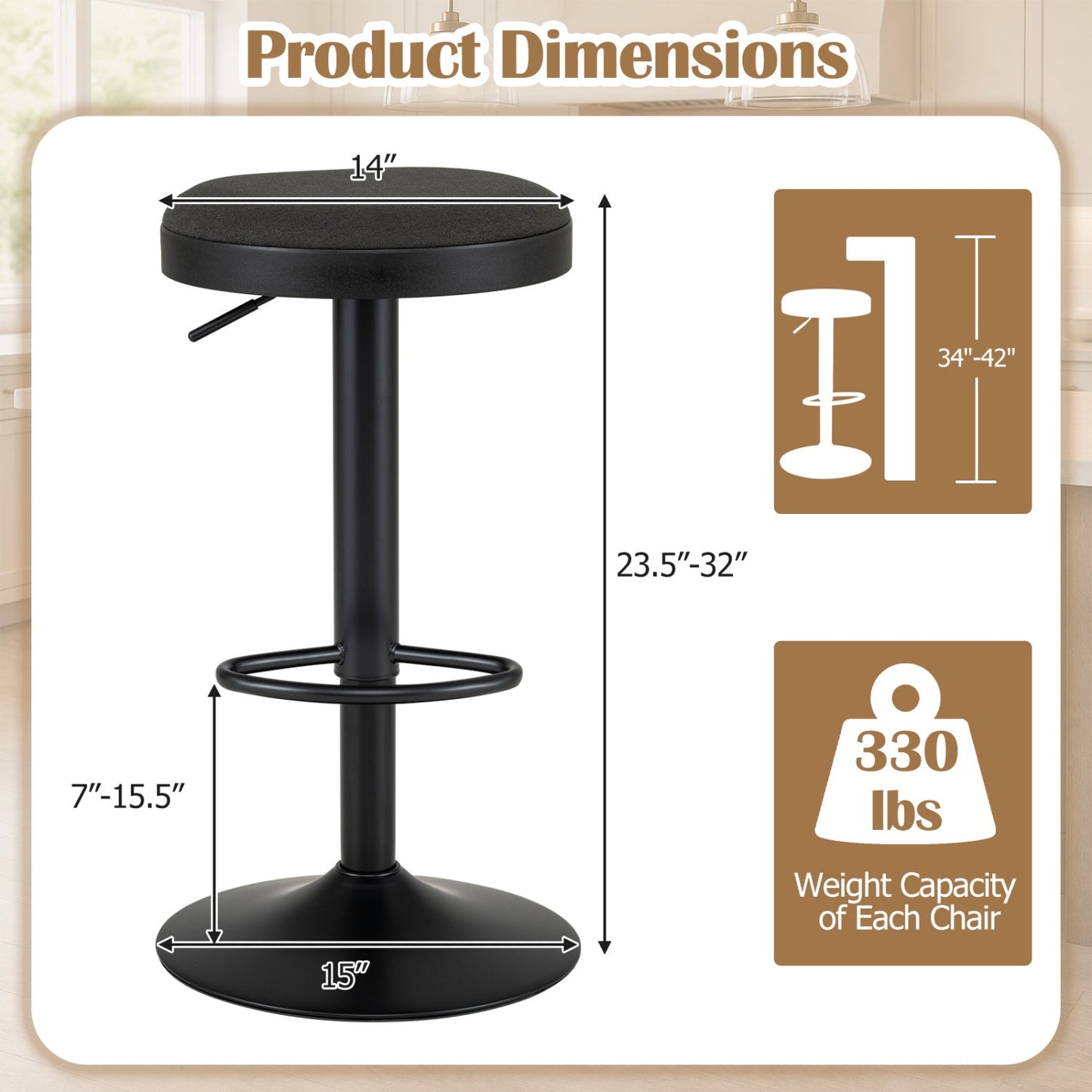 Adjustable Swivel Bar Stools | Set of 4 | 360° Swivel | 23.5–32" Height | 330 lb Each | 4 Colors