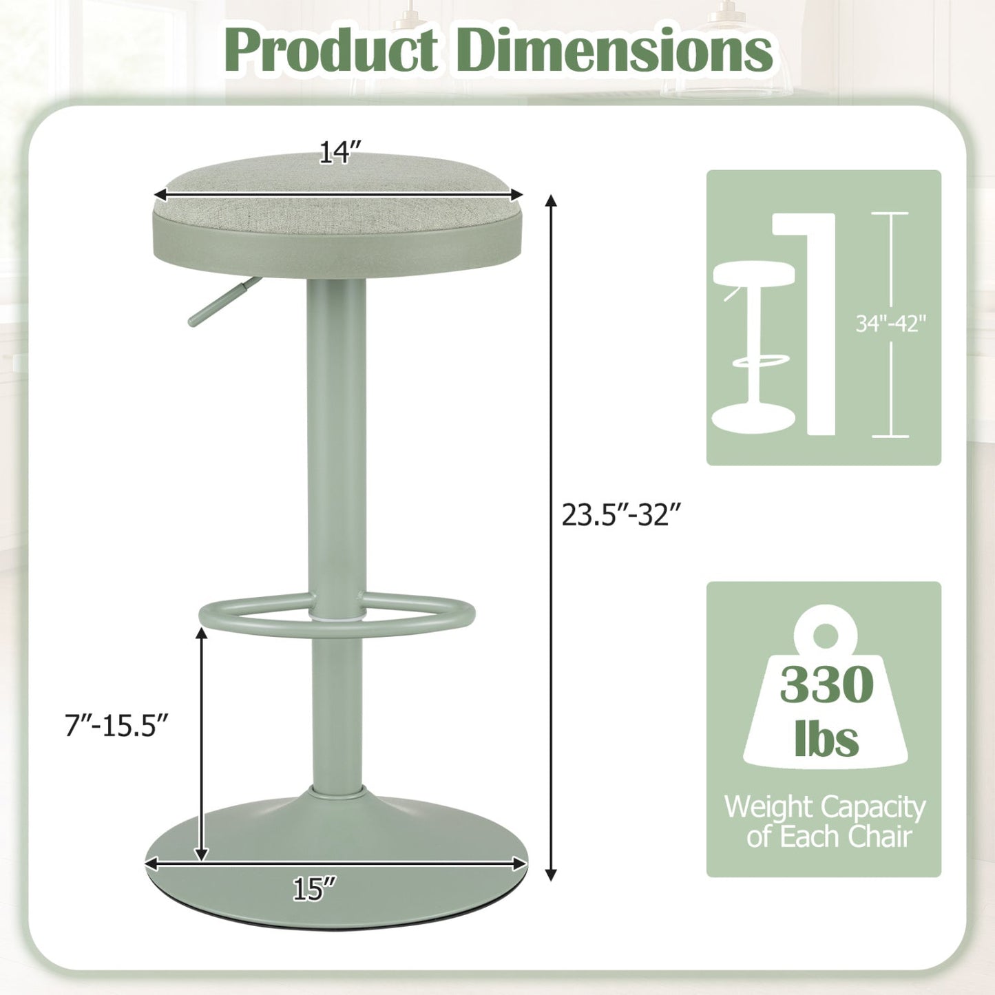Adjustable Swivel Bar Stools | Set of 4 | 360° Swivel | 23.5–32" Height | 330 lb Each | 4 Colors