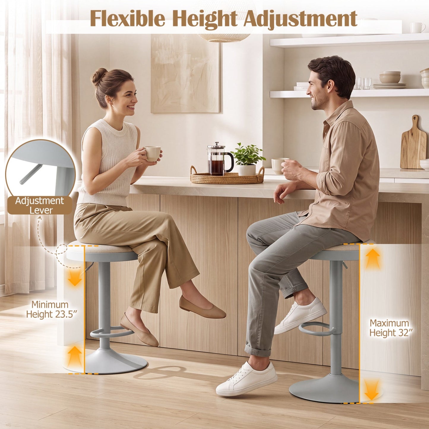 Adjustable Swivel Bar Stools | Set of 4 | 360° Swivel | 23.5–32" Height | 330 lb Each | 4 Colors
