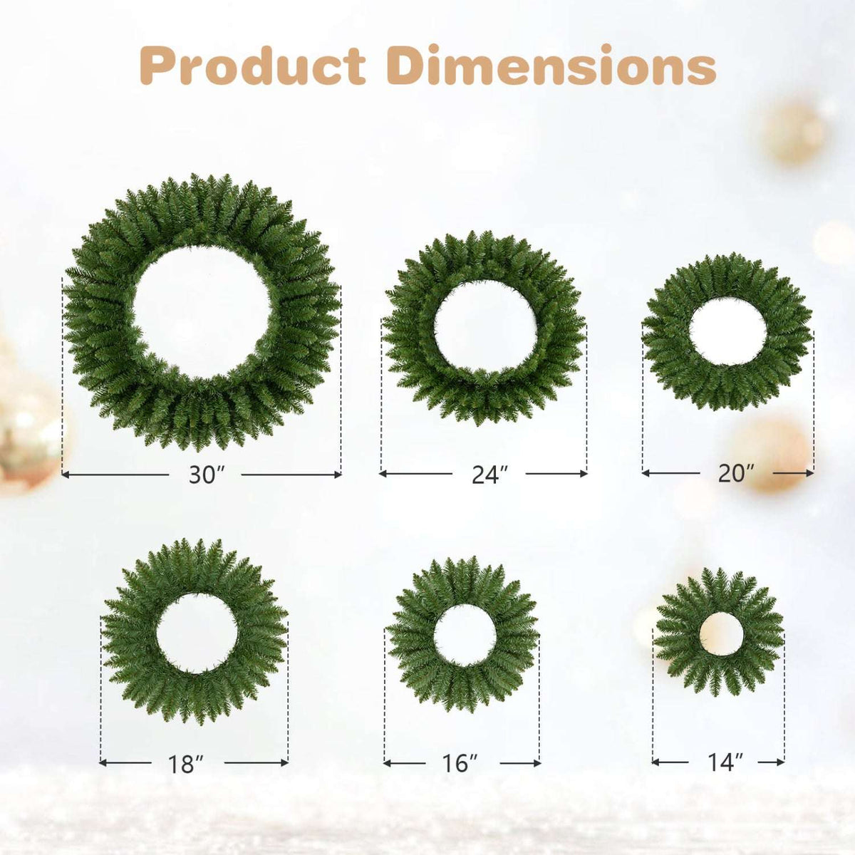 Six green artificial Christmas wreaths with labeled diameters from 14 to 30 inches