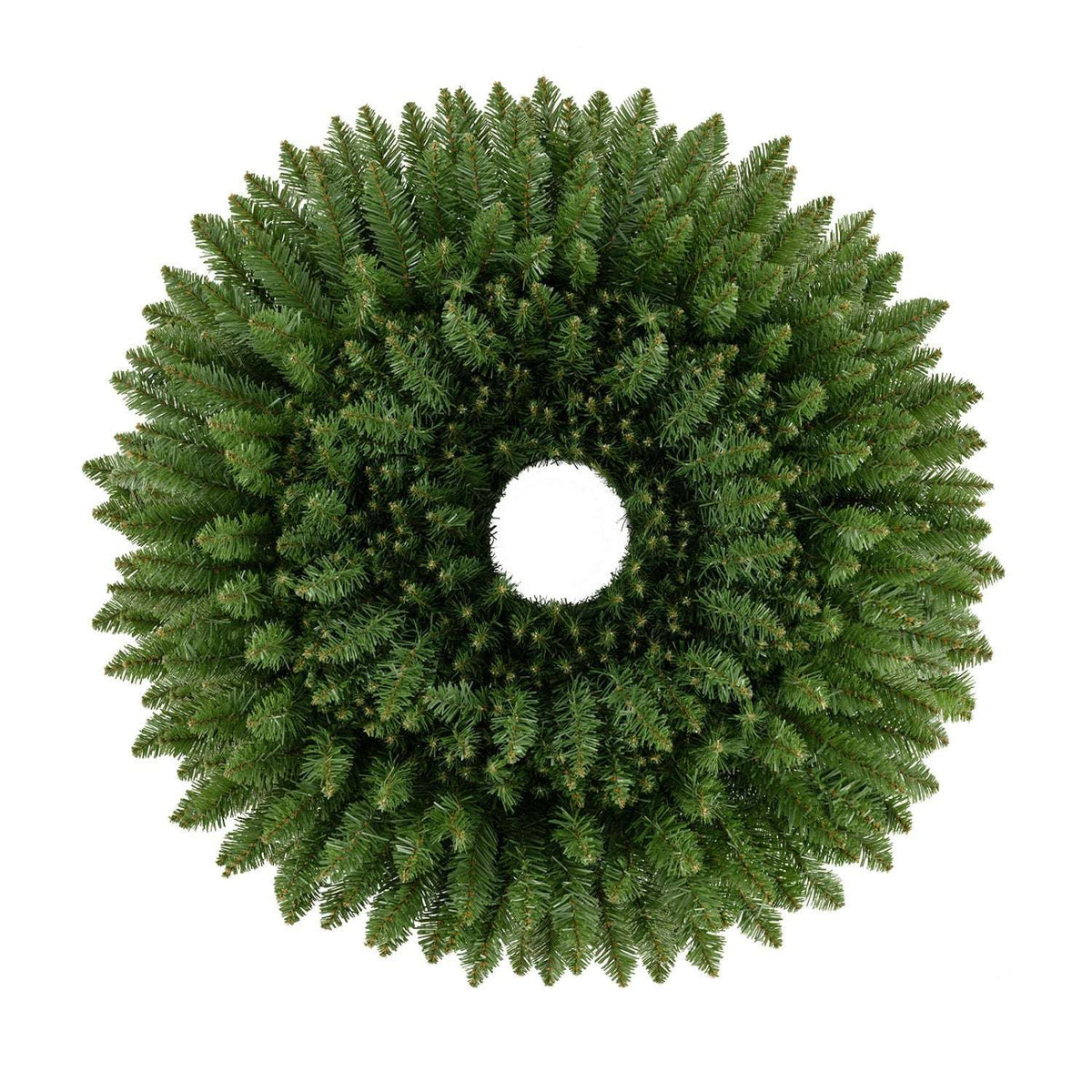 Close-up of a full green artificial Christmas wreath