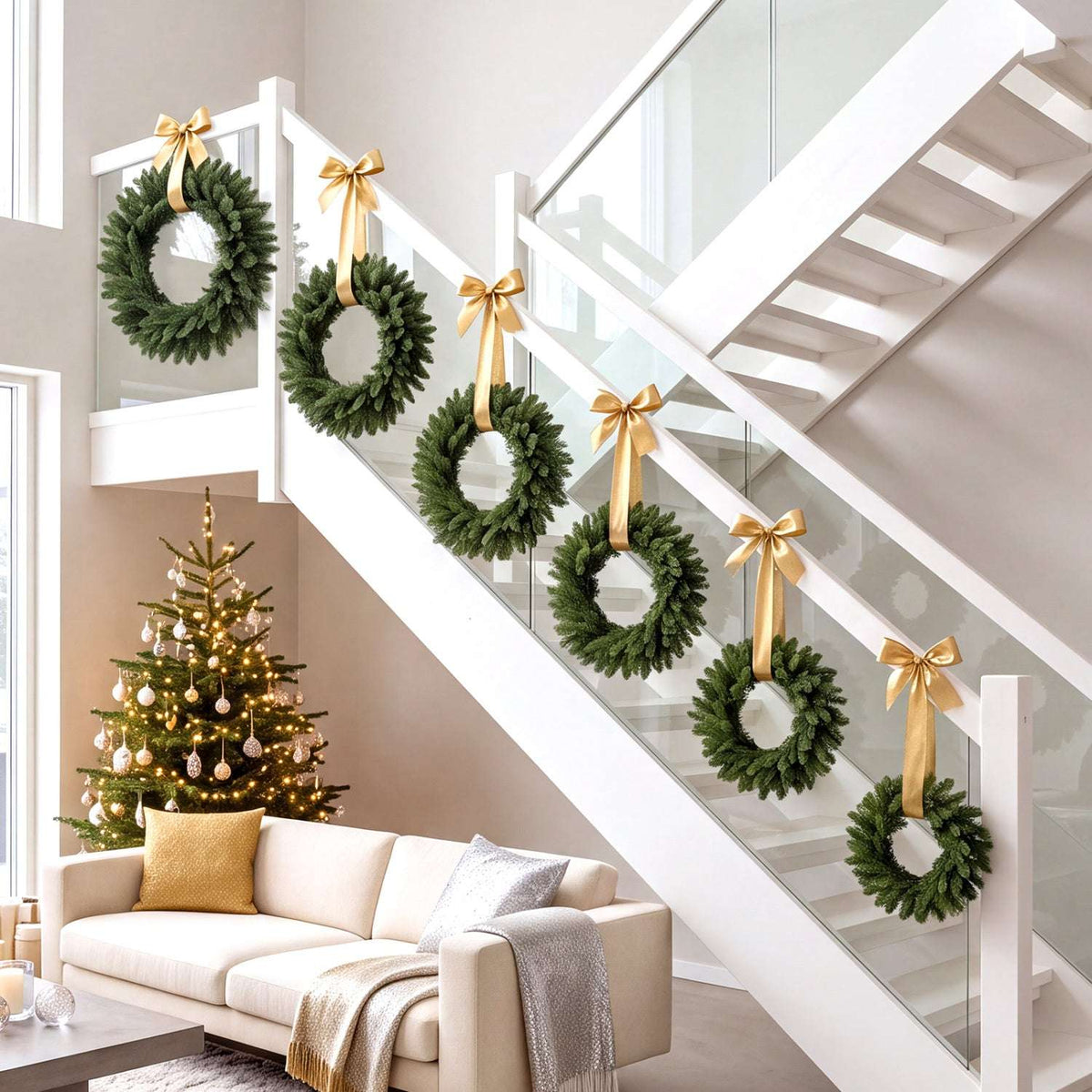 Six green artificial Christmas wreaths with gold ribbon bows displayed along a staircase