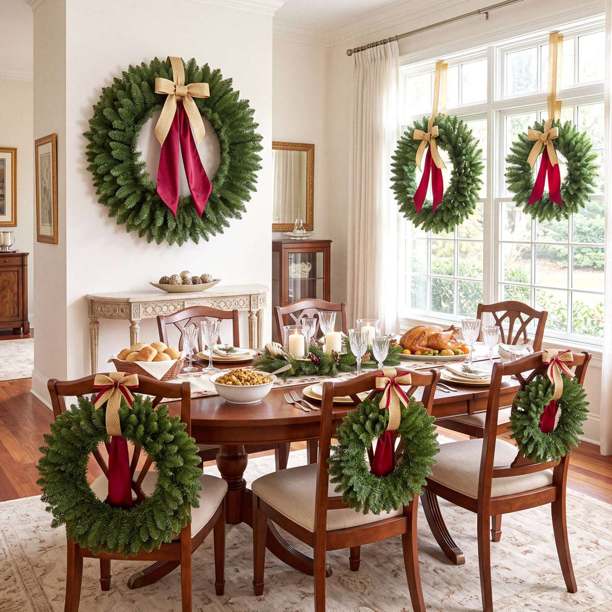 Green artificial Christmas wreaths decorated with gold bows and red ribbon tails