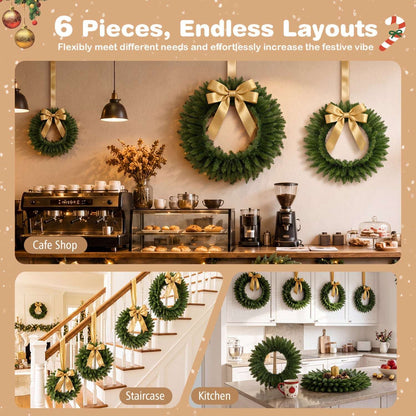 Six green artificial Christmas wreaths arranged in different room settings
