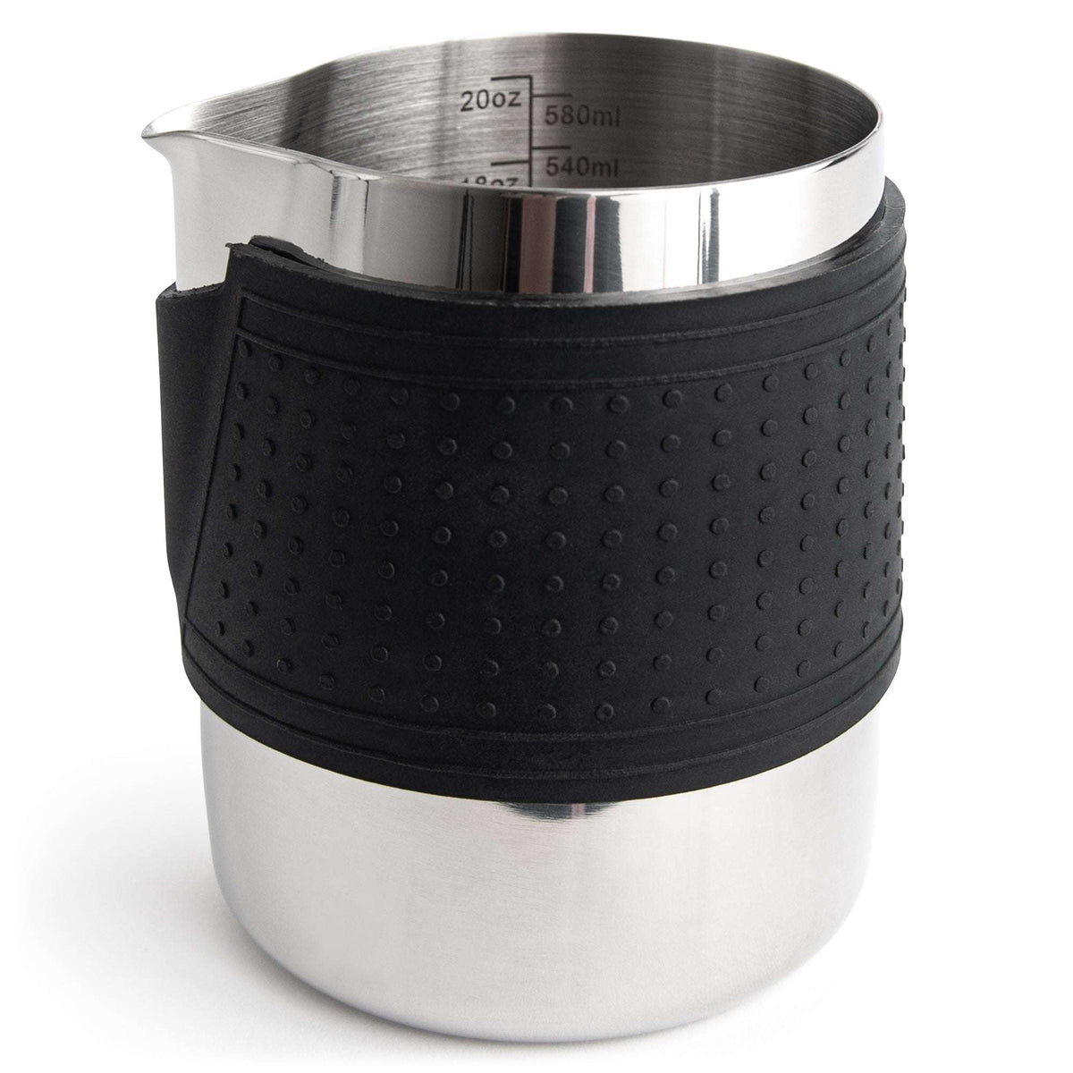 Stainless steel milk frothing pitcher with black silicone grip sleeve and pour lip