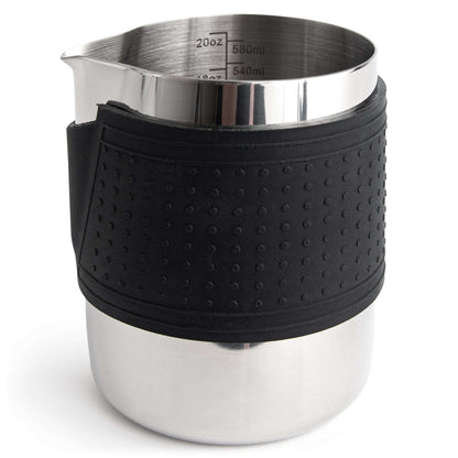 Stainless steel milk frothing pitcher with black silicone grip sleeve and pour lip