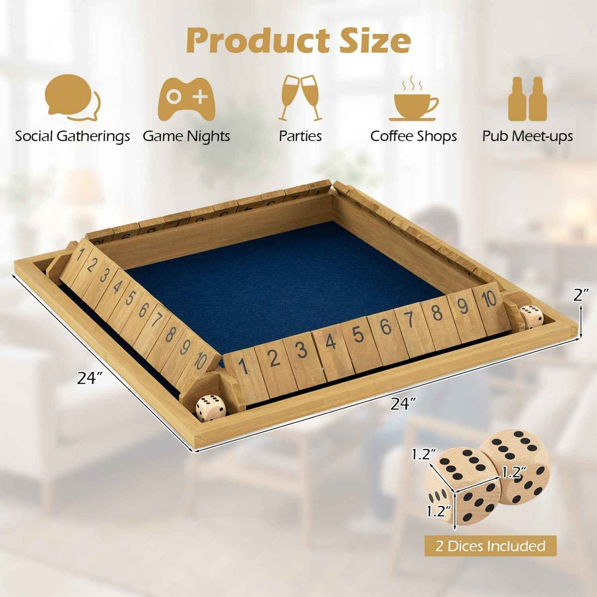 24" Extra-Large 4-Player Shut the Box Dice Game with Felt Base