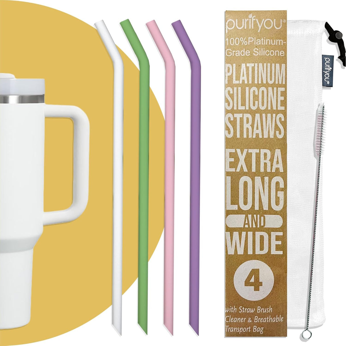 purifyou Reusable Silicone Straws - Long, Slender & Kids Sizes