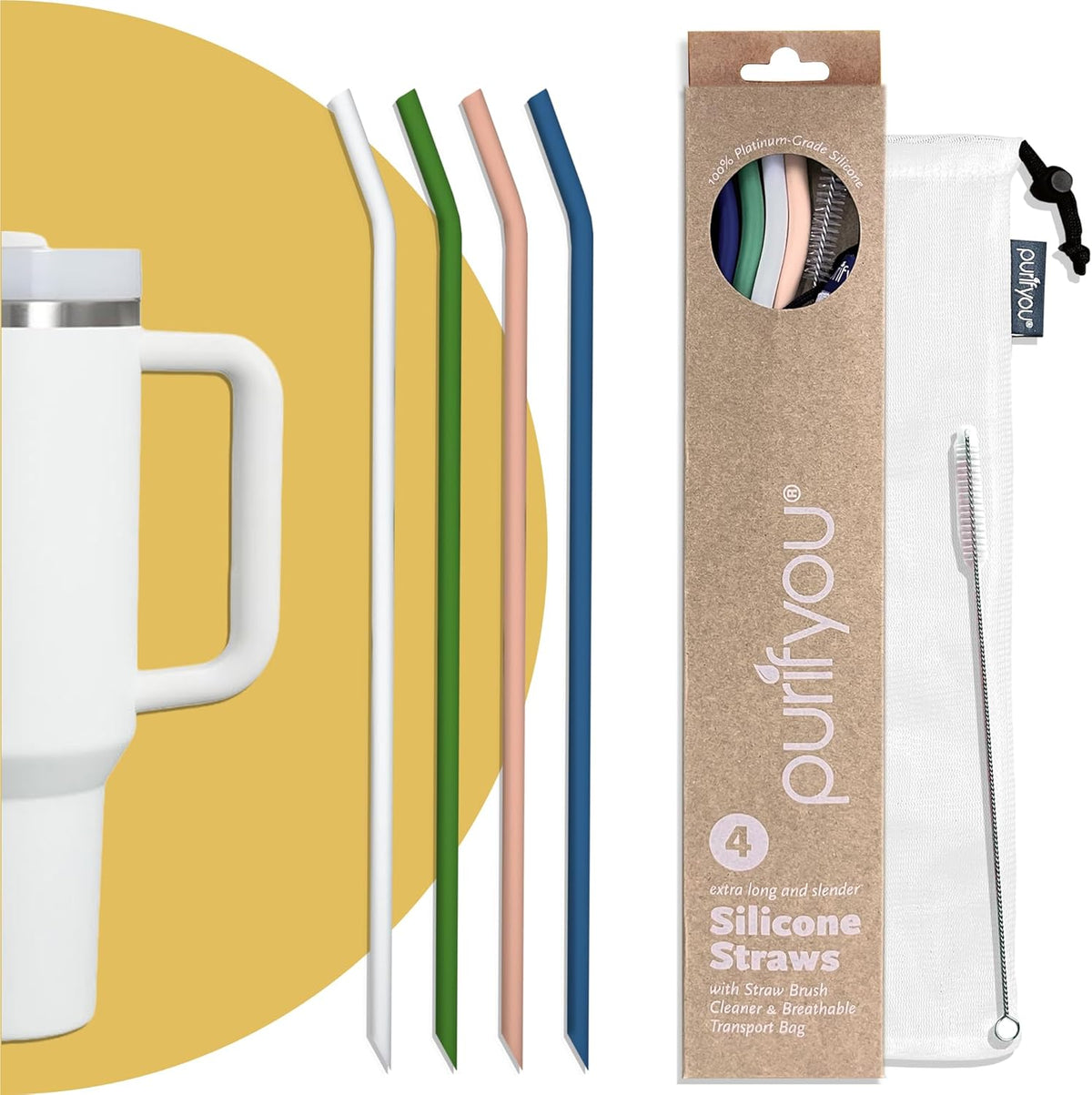 purifyou Reusable Silicone Straws - Long, Slender & Kids Sizes