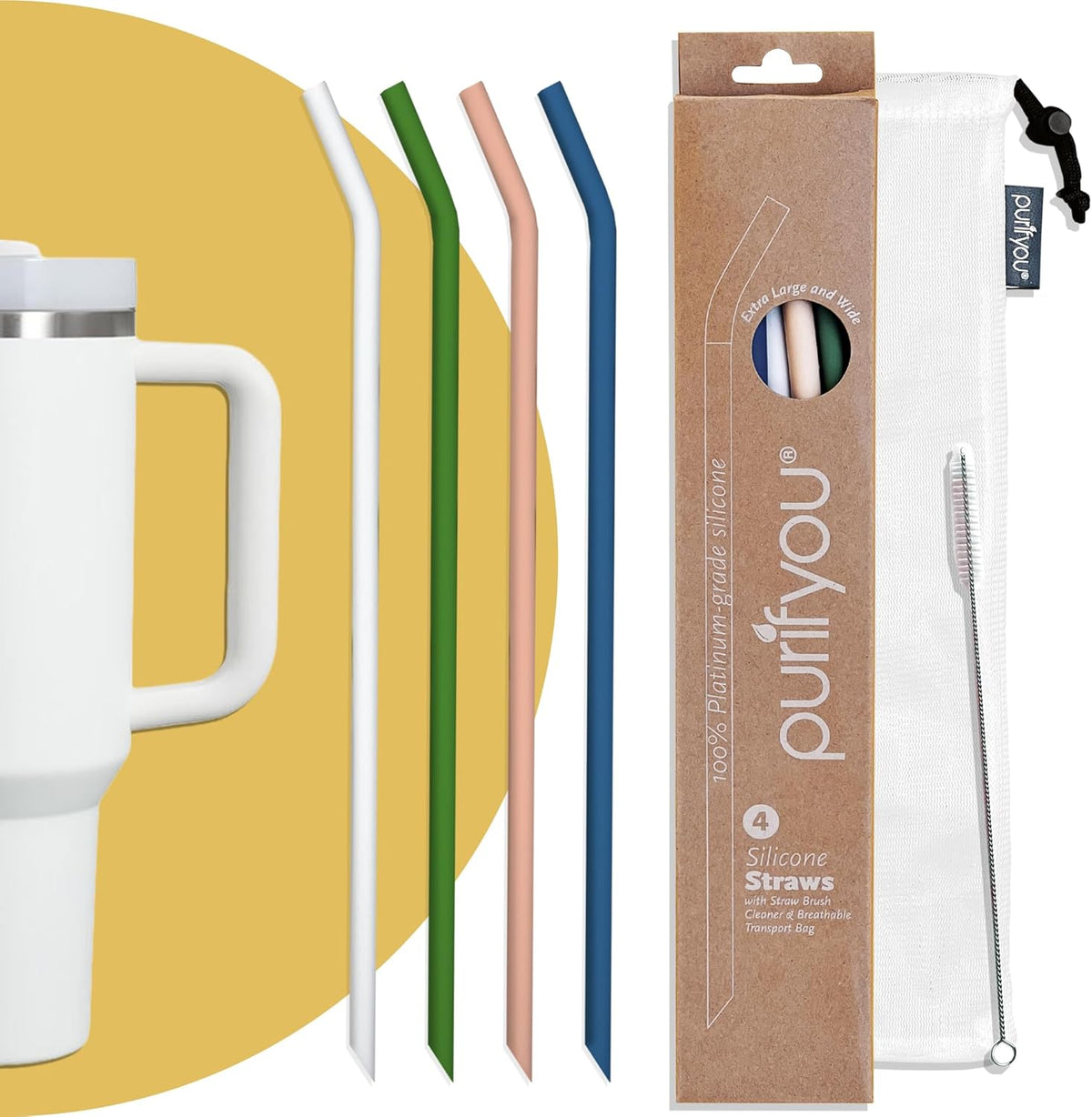 purifyou Reusable Silicone Straws - Long, Slender & Kids Sizes