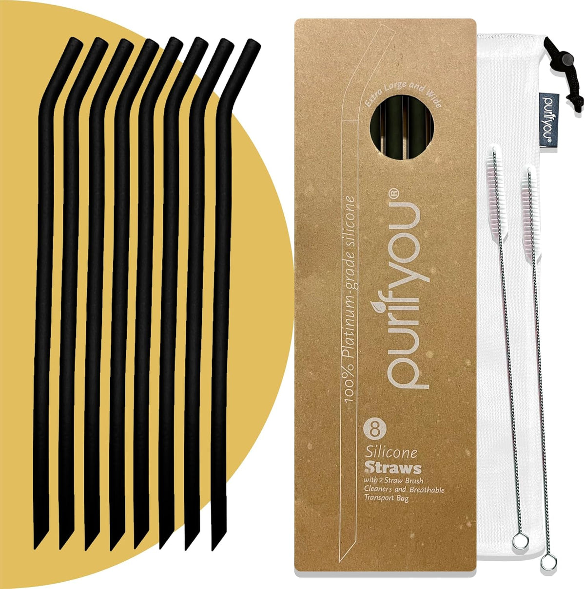 purifyou Reusable Silicone Straws - Long, Slender & Kids Sizes