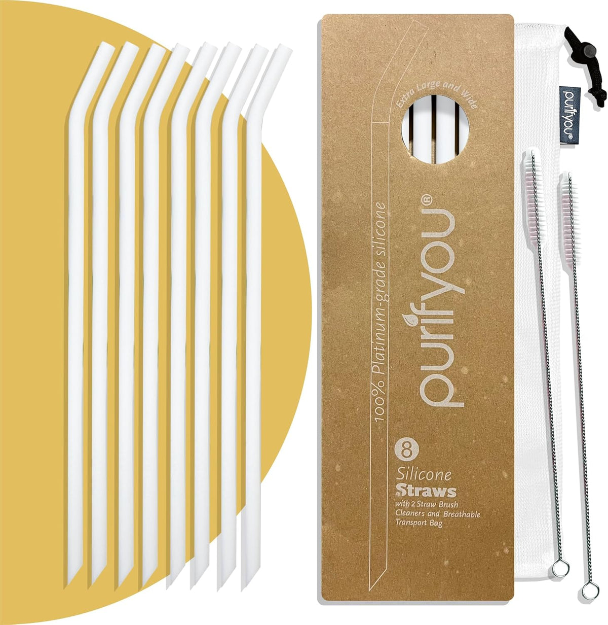 purifyou Reusable Silicone Straws - Long, Slender & Kids Sizes