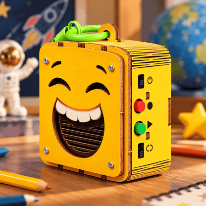 Yellow wooden emoji voice recorder with open-mouth grin and green loop clip